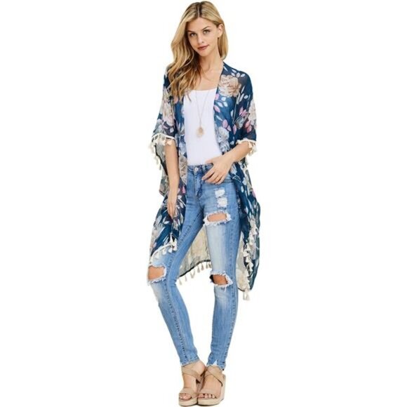 Blue Floral Print Fringe Kimono Shawl‎ Open Cardigan Kaftan Poncho Cover Up Vest - Picture 3 of 5